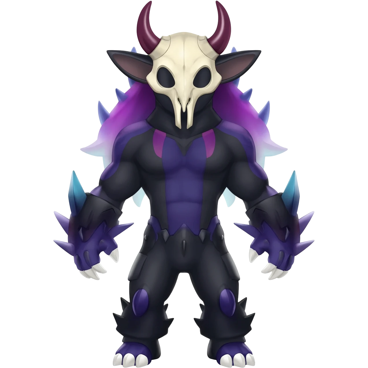 Shiny Dark Edgy  Duskull-Salandit-Inteleon-Amaura-Fakémon-hybrid-creature (full body) with a horned animal-skull-mask emoji