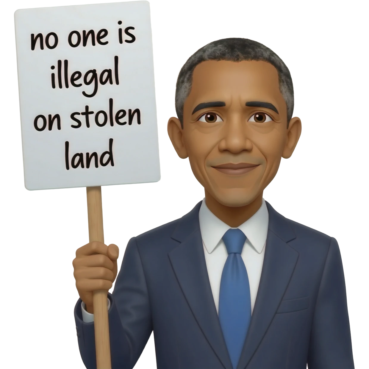 Obama pulling a sign that says no one is illegal on stolen land emoji