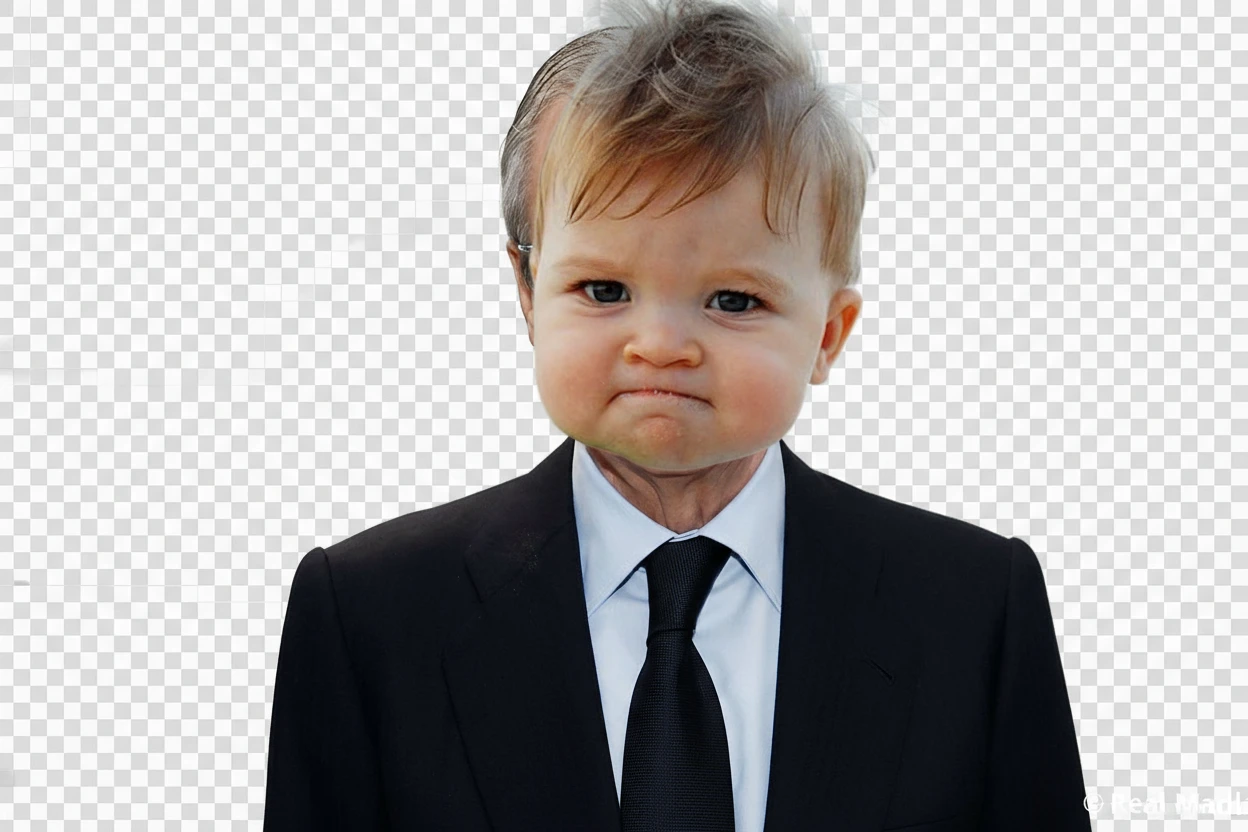 Подставь этому малышу лицо со второй фотографии. Но сделай у него такое же выражение, как у малыша (решительное).

Прозрачный фон emoji