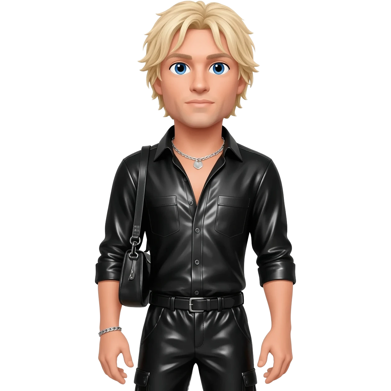 Nicky Byrne from Westlife with blue eyes, blonde hair, black metallic shirt, black metallic baggy pants, silver necklace emoji