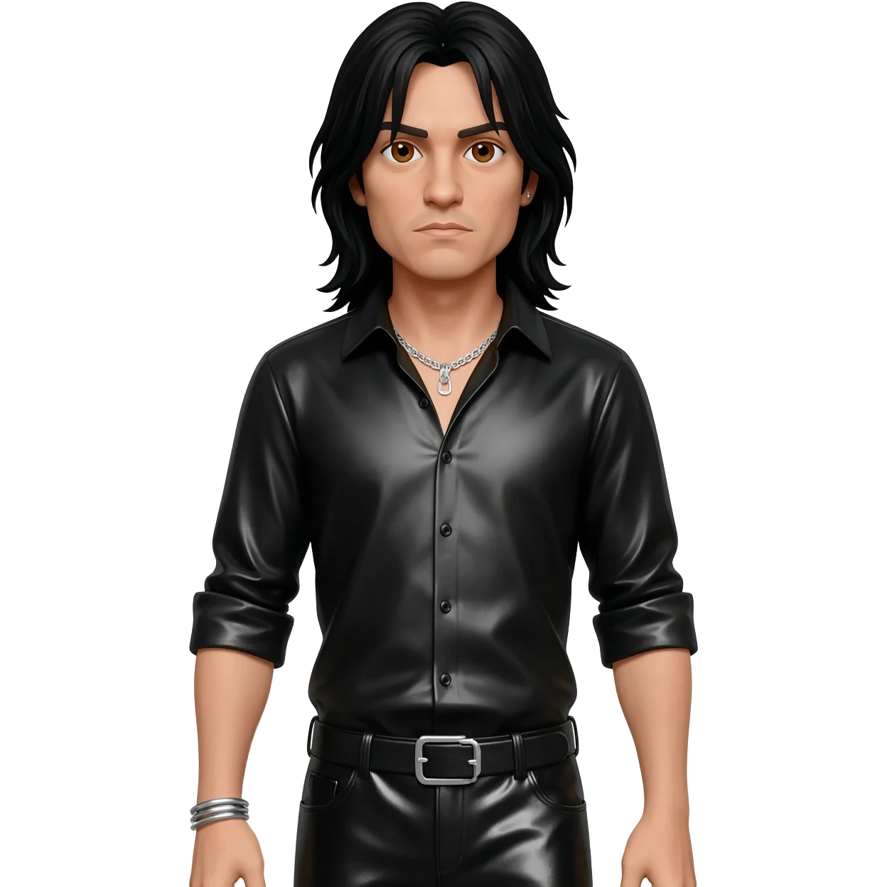Joey Belladonna with brown eyes, long black hair, black metallic shirt, black metallic baggy pants, silver necklace emoji