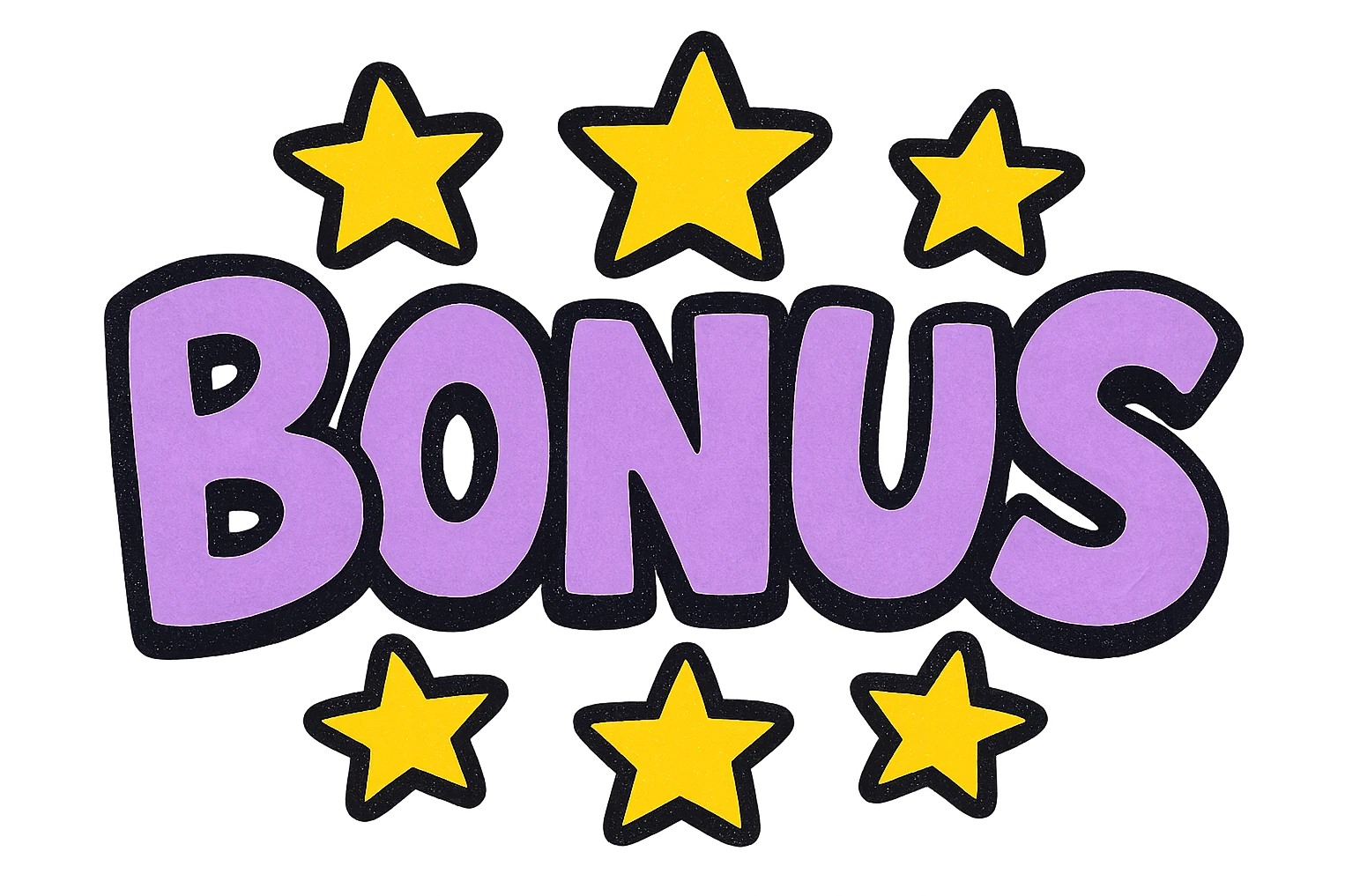 the word BONUS in large letters, all the same vibrant color, surrounded by stars, no background or sign behind, just the letters and stars, vibrant cartoon style QUIERO EXACTAMENTE IGUAL SOLO QUE LAS LETRAS DEBEN SER VIOLETA PASTEL Y LAS ESTRELLAS AMARILLAS emoji