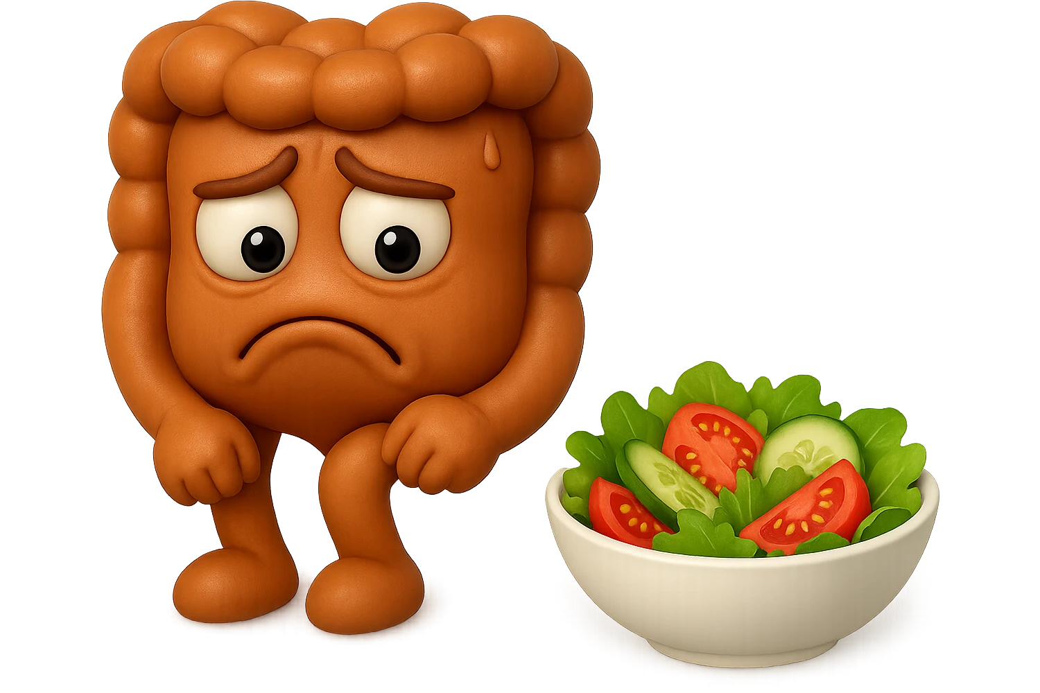 EMOJI STILE IPHONE DI UN INTESTINO UMANO ANATOMICO CHE GUARDA UN INSALATA CON ESPRESSIONE TRISTE E RASSEGNATA IN VOLTO: SOFFRE LA FAME PERCHé è A DIETA, FAGLI ANCHE LA PARTE BIANCA DEGLI OCCHI, NON SOLO LE PUPILLE, IPERREALISTICO 4K emoji