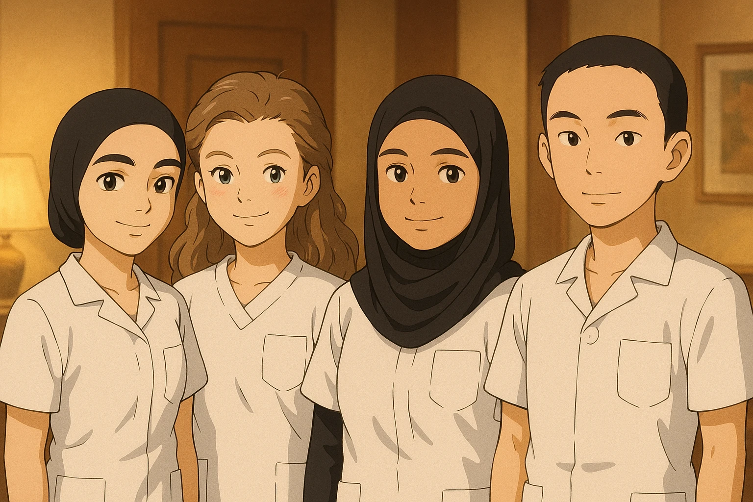 Four nursing students side by side in a warm indoor ambiance, wearing white short-sleeved uniforms with V-neck collars and left chest pockets, with variations of soft lighting, in Ghibli style. emoji