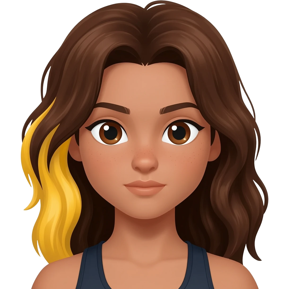 Una chica de piel clara/oscura de ojos marrones pelo castaño ondulado con mechas rubias una en el lado izquierdo debajo de una capa de pelo y la otra detras y tiene un cuerpo de atleta emoji