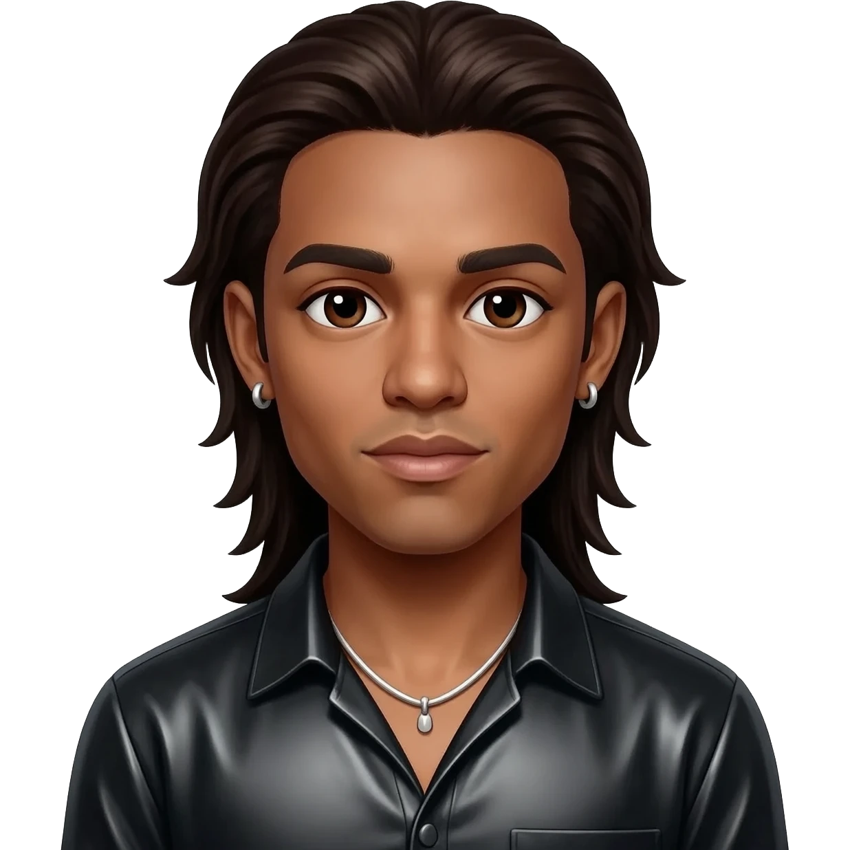 Omarion with dark brown eyes, long dark brown hair, black metallic shirt, silver necklace and short earrings emoji