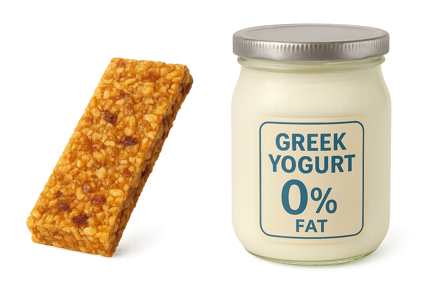 BARRETTA ENERGETICA E BARATTOLO DI YOGURT GRECO CON  LA SCRITTA "0% grassi" SULL'ETICHETTA  , ISOLATA SU SFONDO BIANCO emoji