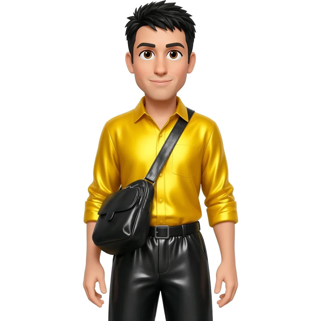 Greg Page from The Wiggles with hazel eyes, black hair, yellow metallic shirt, black metallic baggy pants emoji