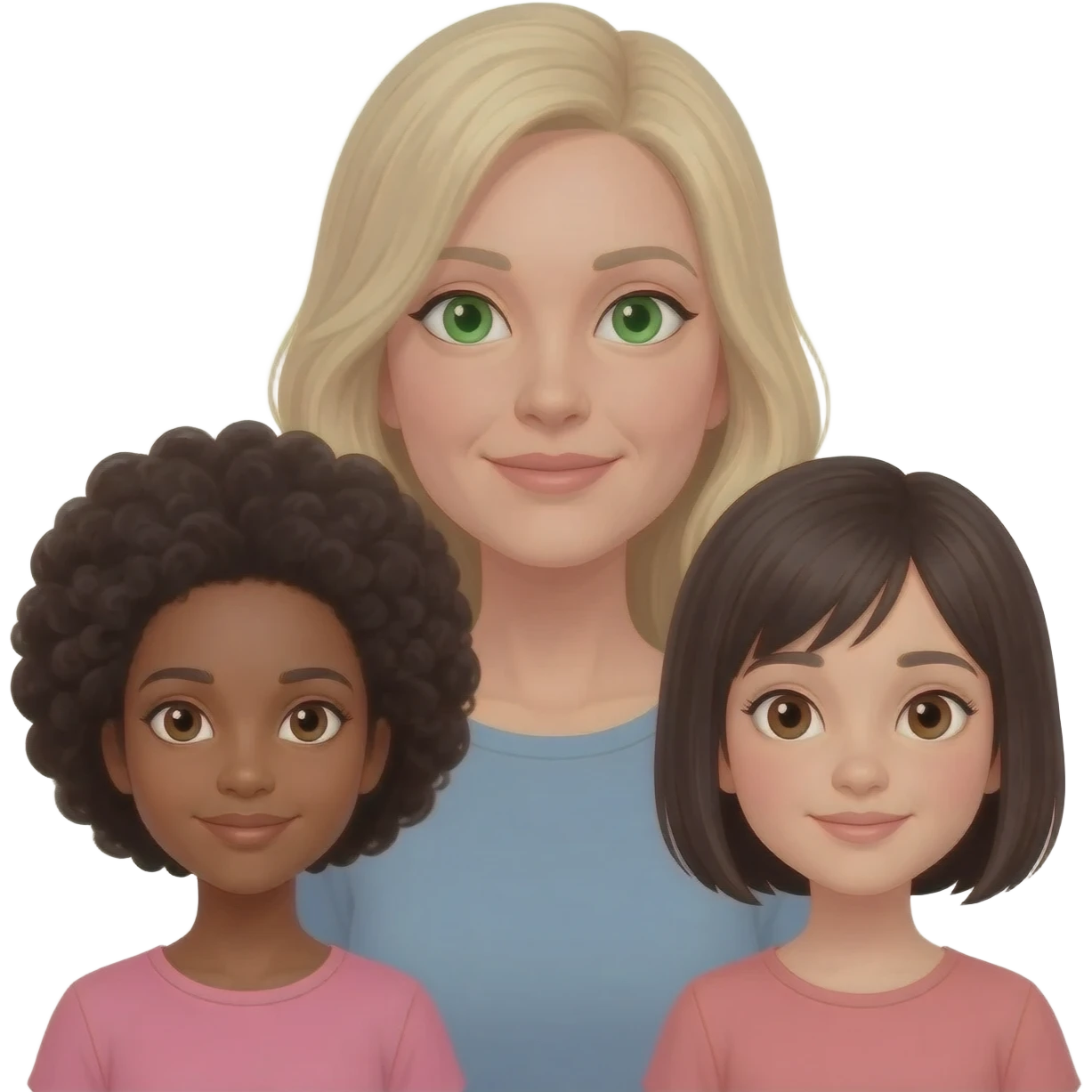 White blond mome with green eyes and two mixed daughters. One daughter a little darker. One with Afro the other short straight hair. Both kids brown eyes emoji