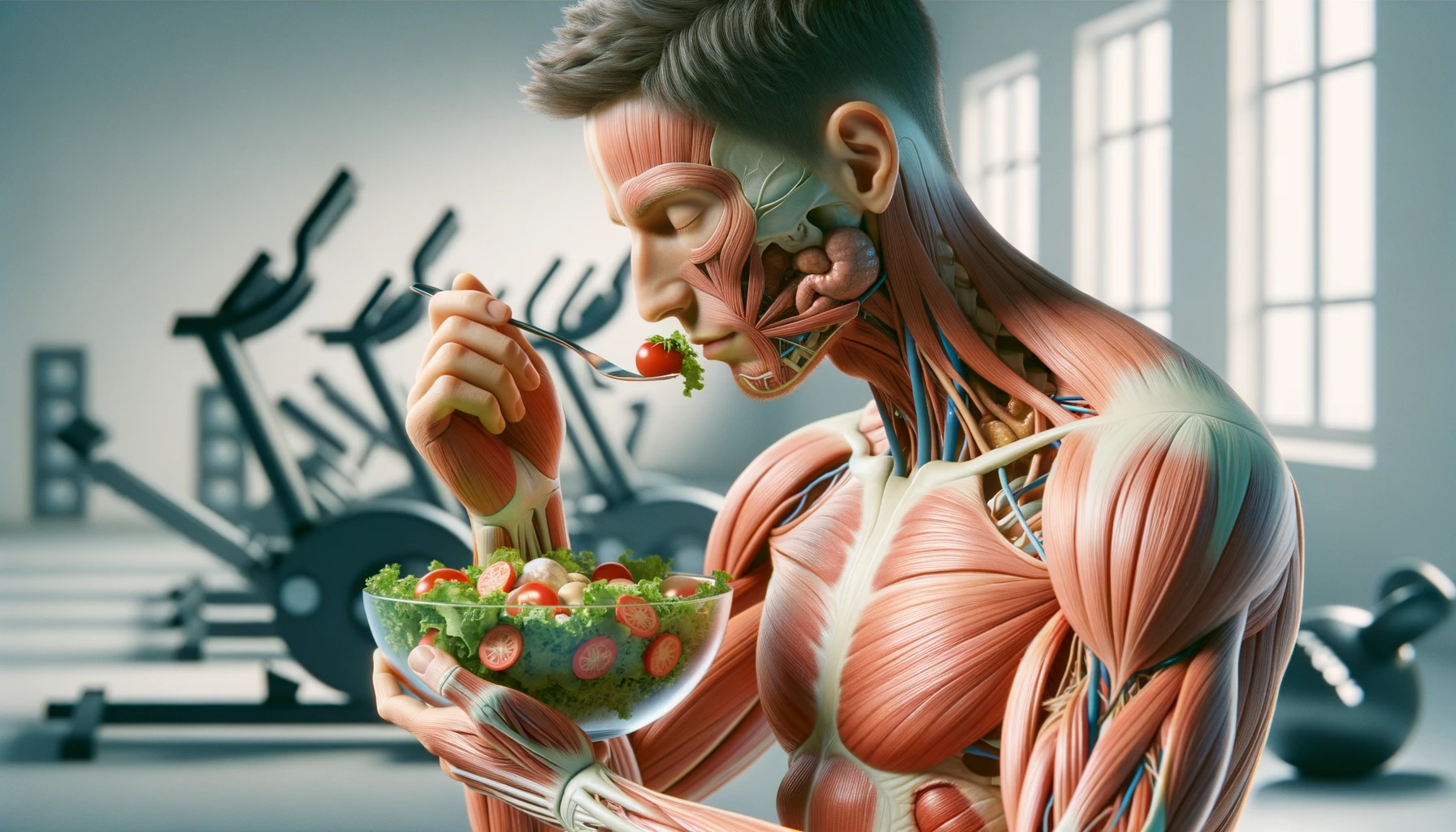 corpo umano anatomico con capelli corti che mangia un insalata con espressione serena in volto, organi sani in evidenza, sullo sfondo una palestra sfocata, iperrealistica 4k, isolato su sfondo bianco emoji