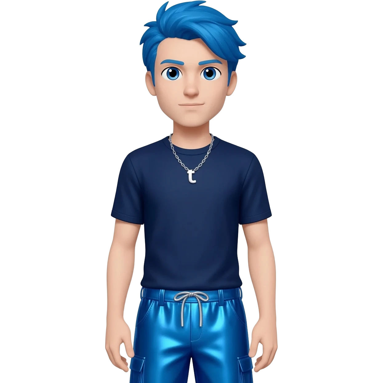 DanTDM with blue eyes, blue hair, navy blue metallic t-shirt, cobalt blue metallic baggy pants, silver necklace emoji