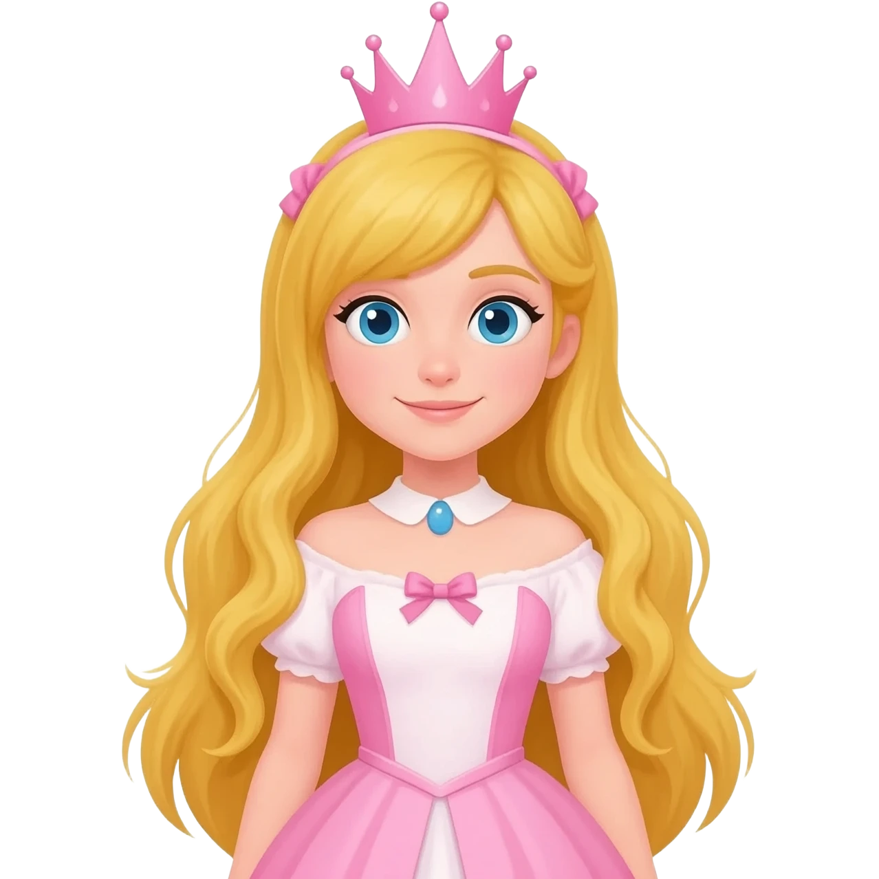 The Good Witch from The Land of Oz with blue eyes, long blonde hair, pink and white dress, pink crown emoji