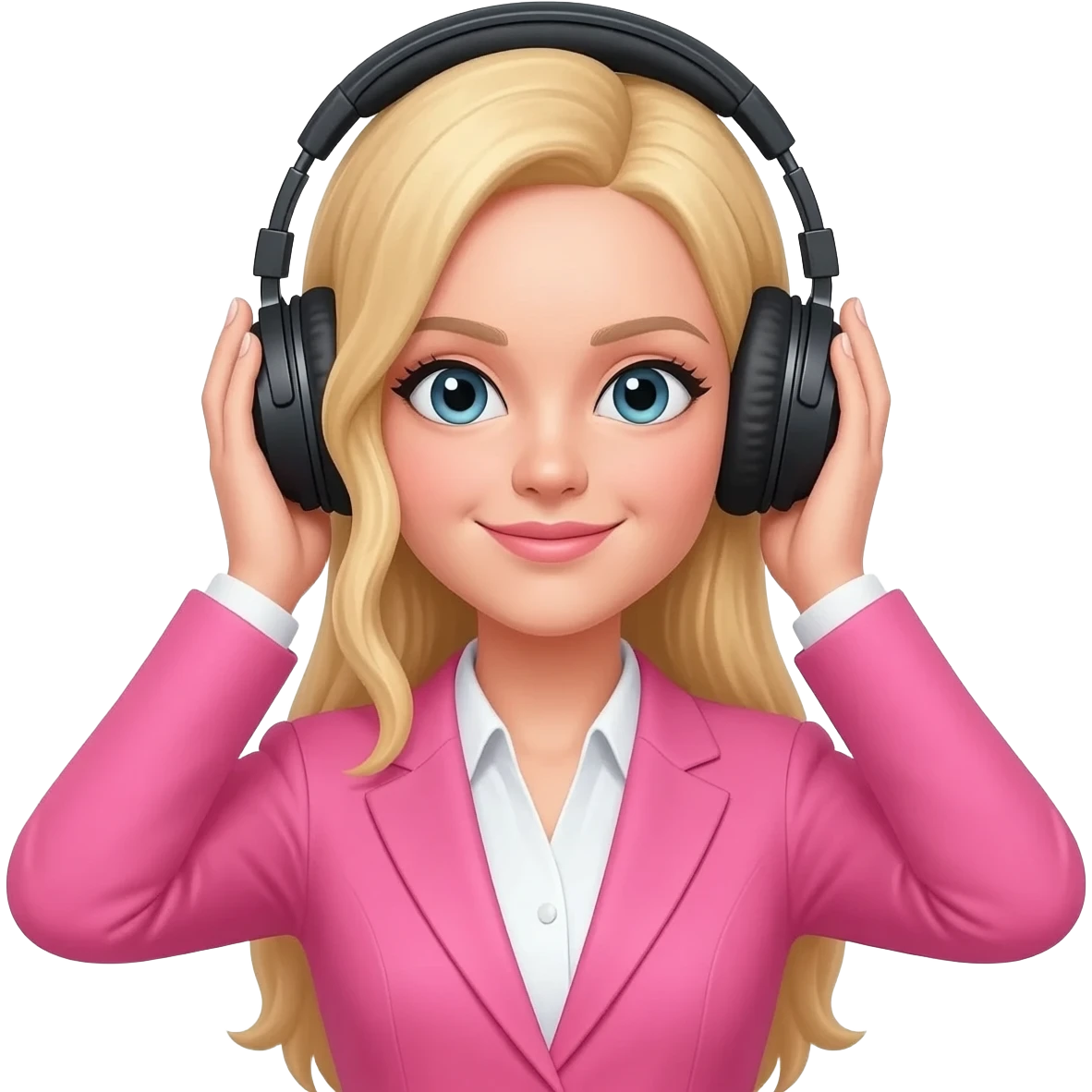 Woman in blonde hair and pink suit wear a black headphones on head connect to pink iphone max pro and hold on headphones on head with hands on headphones emoji