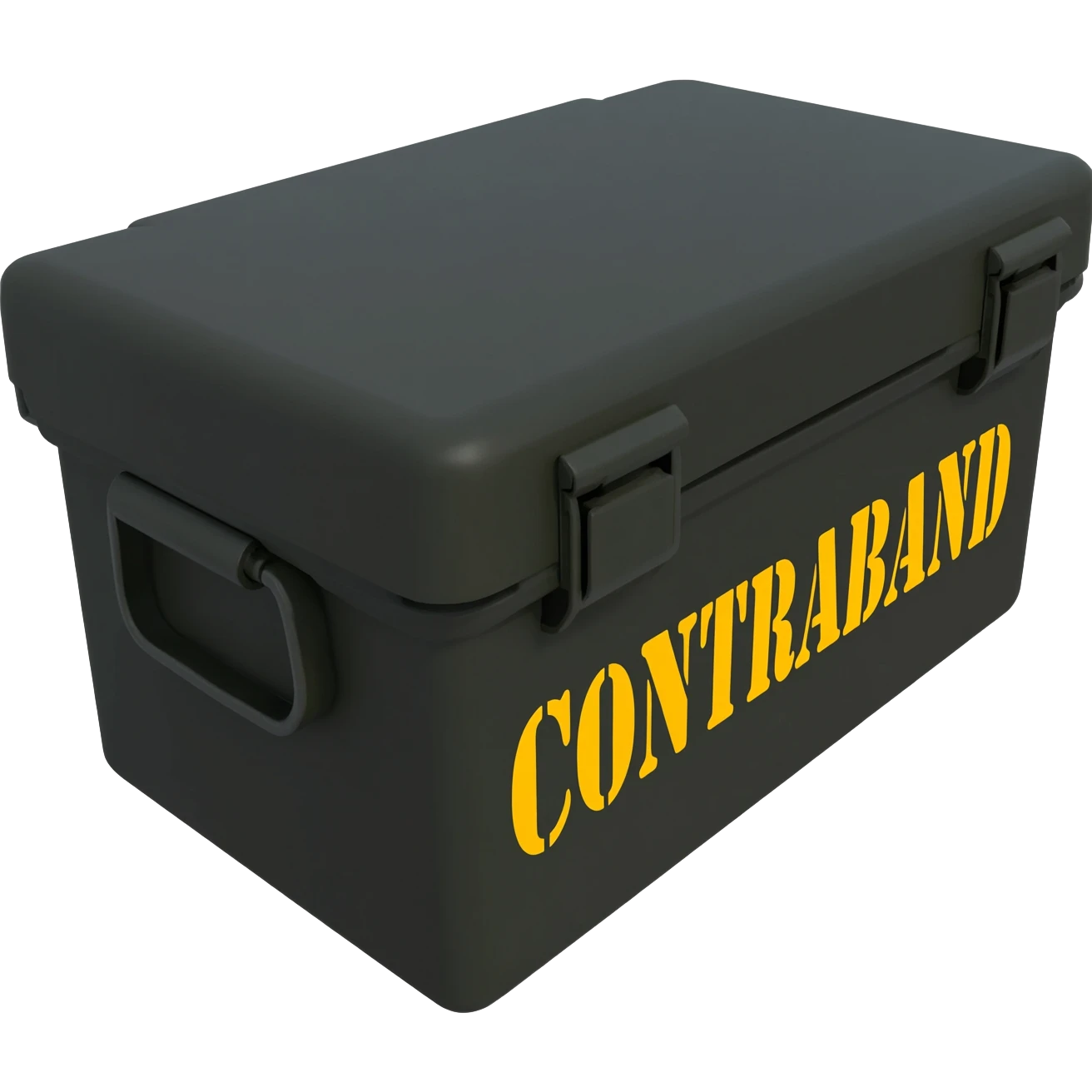 black military ammo box view from 35 degres with a yellow text on it "CONTRABAND" emoji