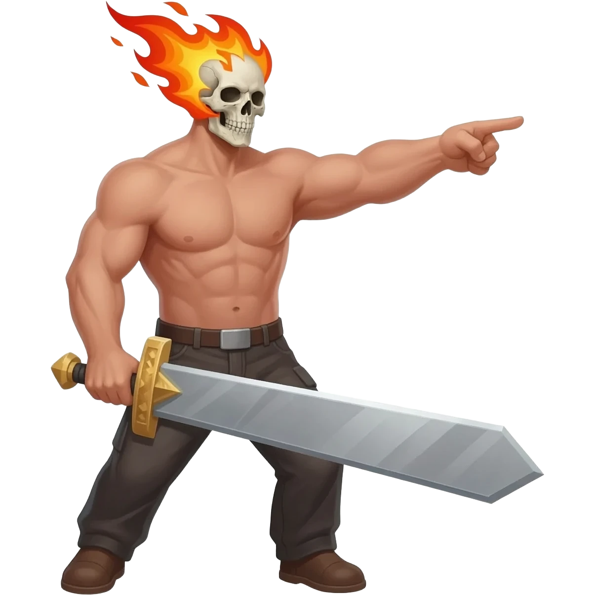 A 4 stage sprite sheet of a man with a burning skull head, show the 4 stages of him attacking with his large sword, shirtless, full body pointing right emoji