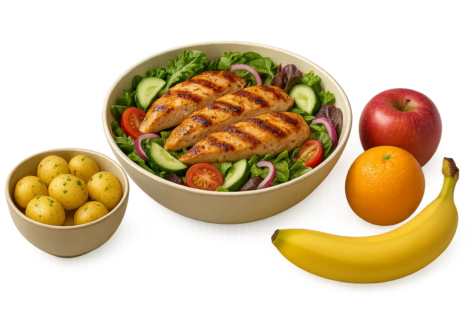 insalate con petto di pollo grigliato e bowl di patate cotte poggiate per terra e frutta fresca, iperrealistico 4k emoji