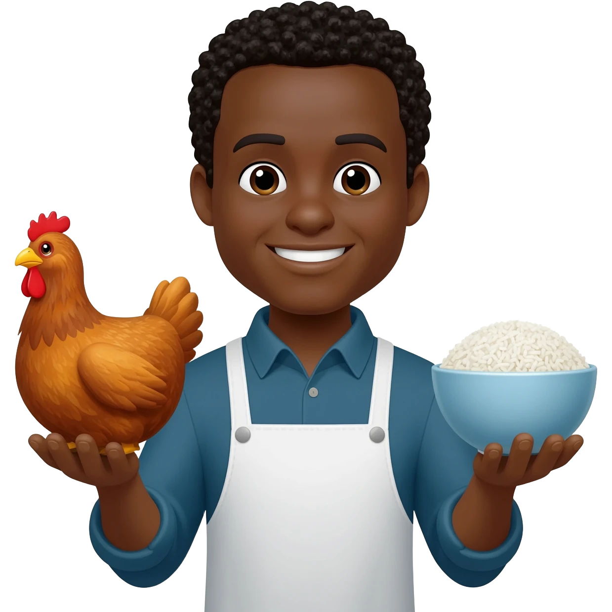 a black guy with chicken in this left hand and a rice in this other emoji