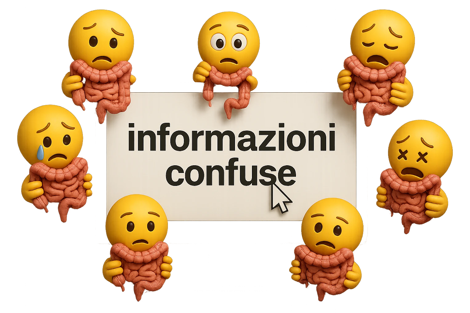 SCHERMO DI PC CON LA SCRITTA "informazioni confuse" SULLO SCHERMO E IL CLICK DEL MOUSE SULLA SCRITTA, stile emoji iphone fluttuano in aria stringendo in mano un pezzo di colon intestinale, iperrealistico 4k emoji