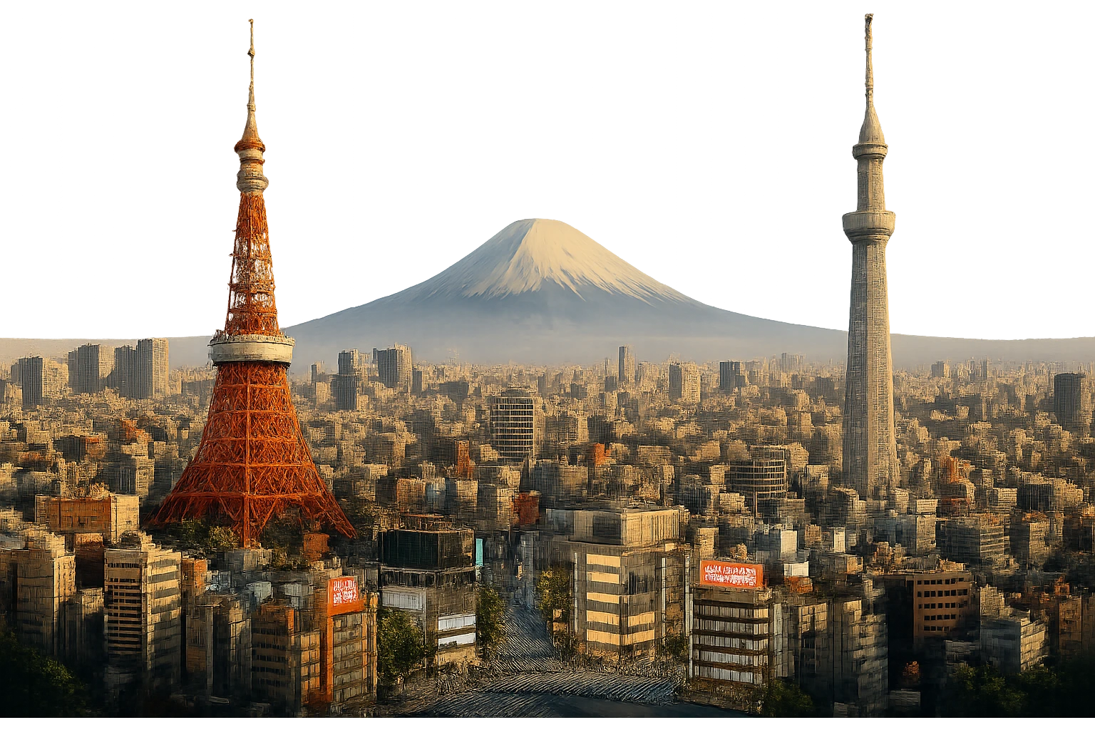 cinematic, realistic emoji of Tokyo skyline featuring iconic landmarks such as Tokyo Tower, Skytree, Shibuya Crossing, and Mount Fuji in the background, lifelike detail, accurate colors, bright lighting, wide city view, no sky, fully transparent background emoji