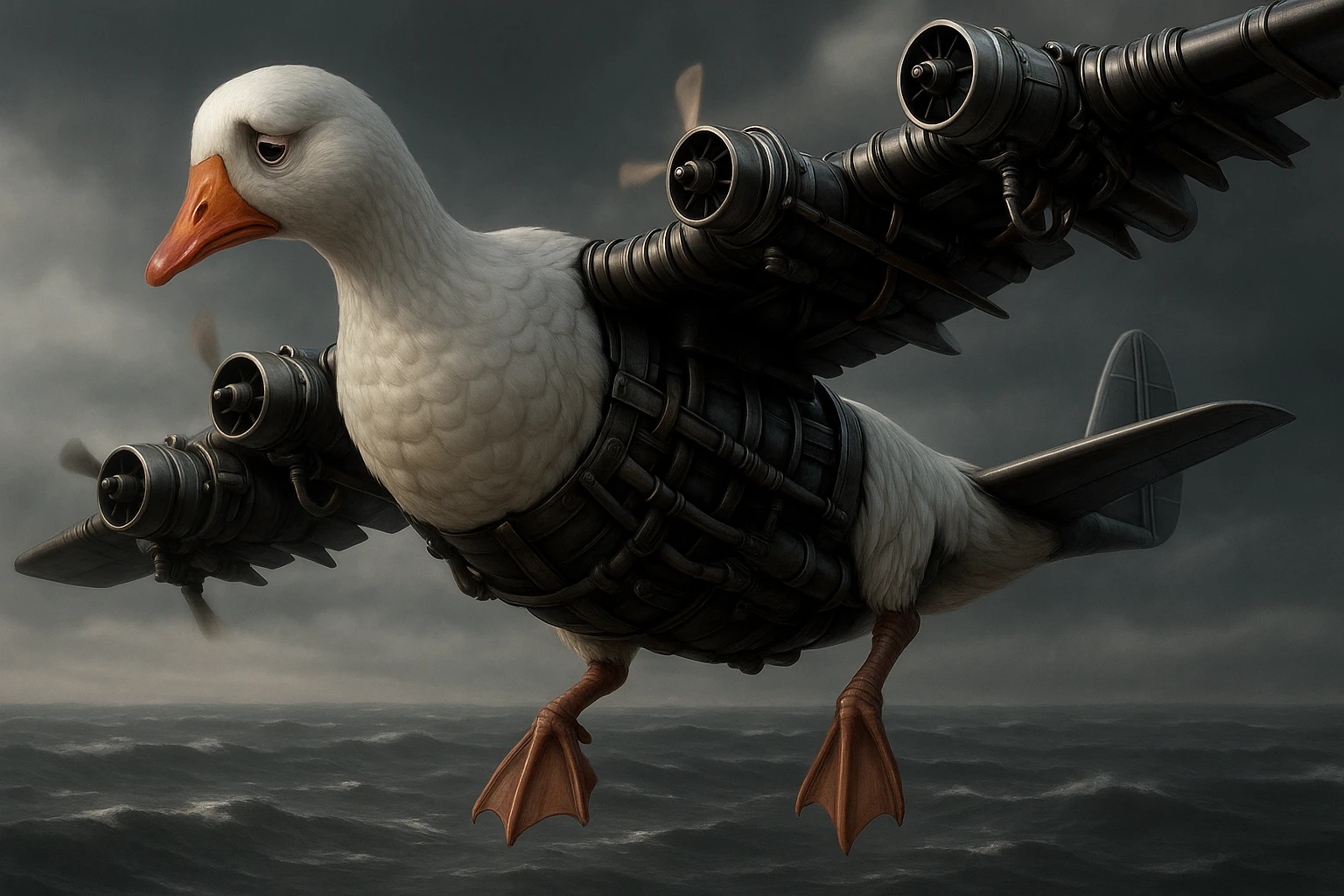 Change the expression of the goose-plane creature to sad, keeping all other details and colors the same, in a style consistent with the original image. emoji