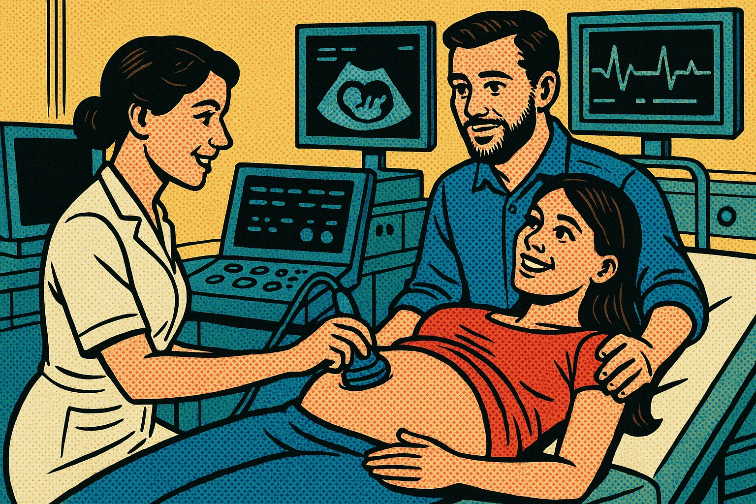A nurse giving a pregnant young woman an ultrasound scan in a modern hospital with her husband by her side and in the background heart rate monitors and blood pressure emoji