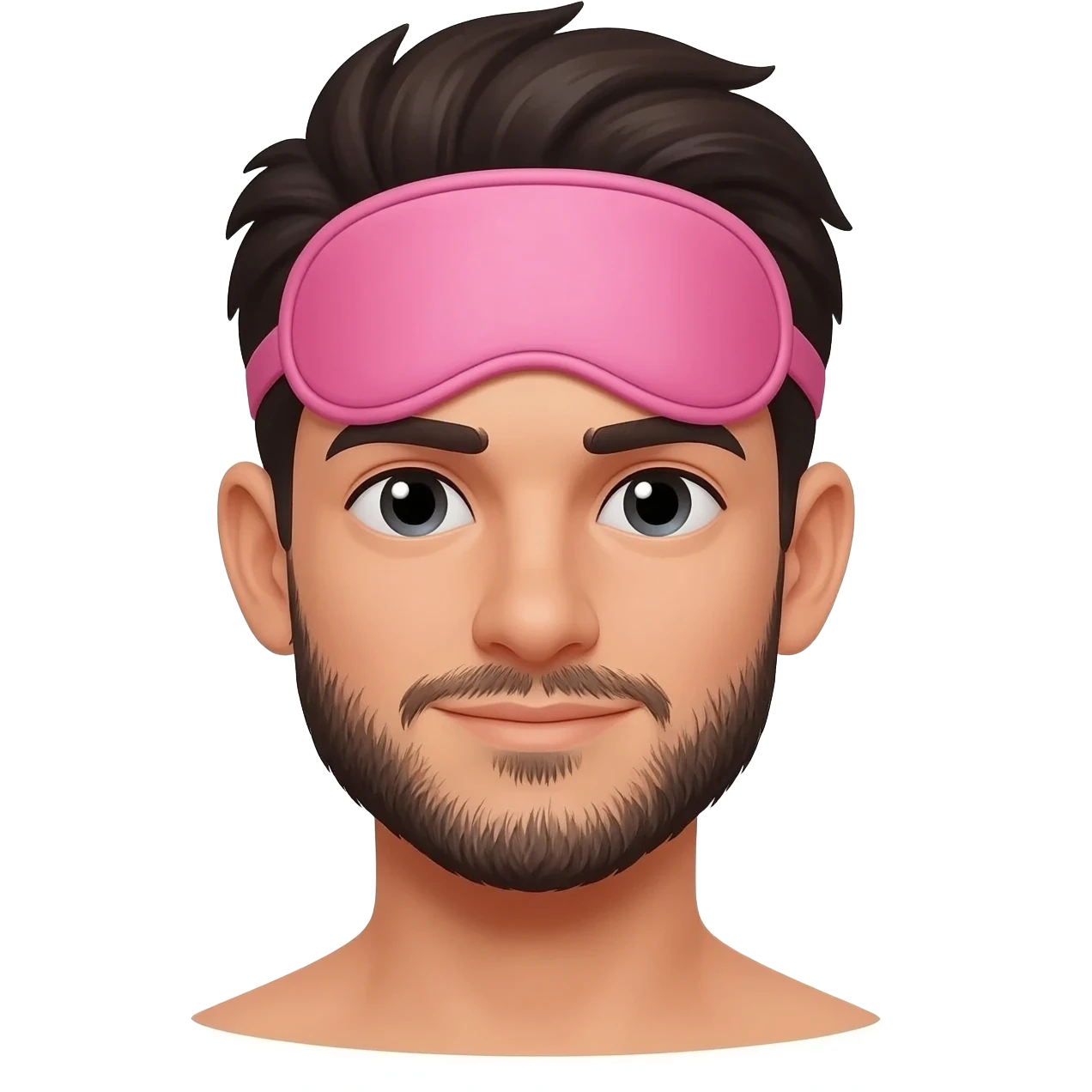 Sleep eye mask pink on man with dark hair and goatee emoji