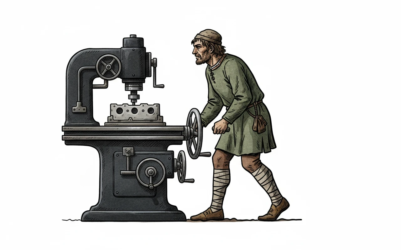 нарисуй похожего мужчину строго в профиль, который управляет аппаратом, как на картинке, но в стиле, как на картинке мужчина с волом, без фона emoji