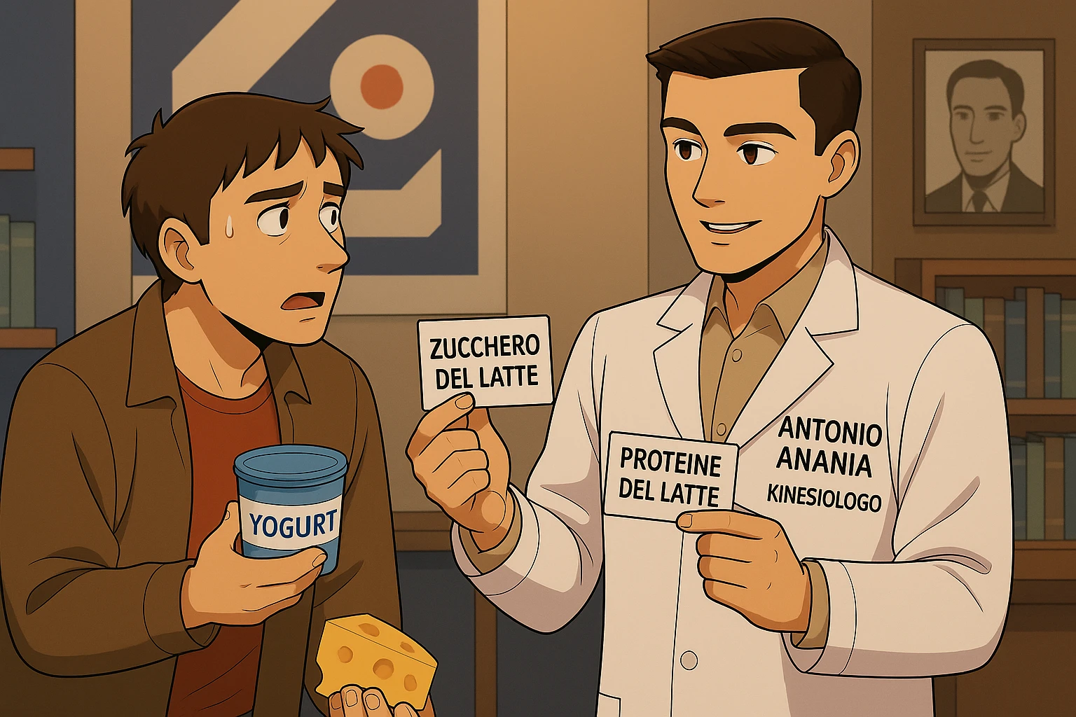 fai un webtoon manga a colori con questo stile, in cui un uomo fa una domanda al kinesiologo con il camice bianco (fagli anche la scritta "ANTONIO ANANIA" SUL CAMICE, l'uomo chiede una cosa mostrando un formaggio e uno yogurt al kinesiologo con il camice, IL KINESIOLOGO annuisce e SPIEGA ALL'UOMO UNA cos. L'UOMO ha un ESPRESSIONE CONFUSA IN VOLTO. non fare i fumetti però, fai solo in modo che sembri stiano parlando emoji