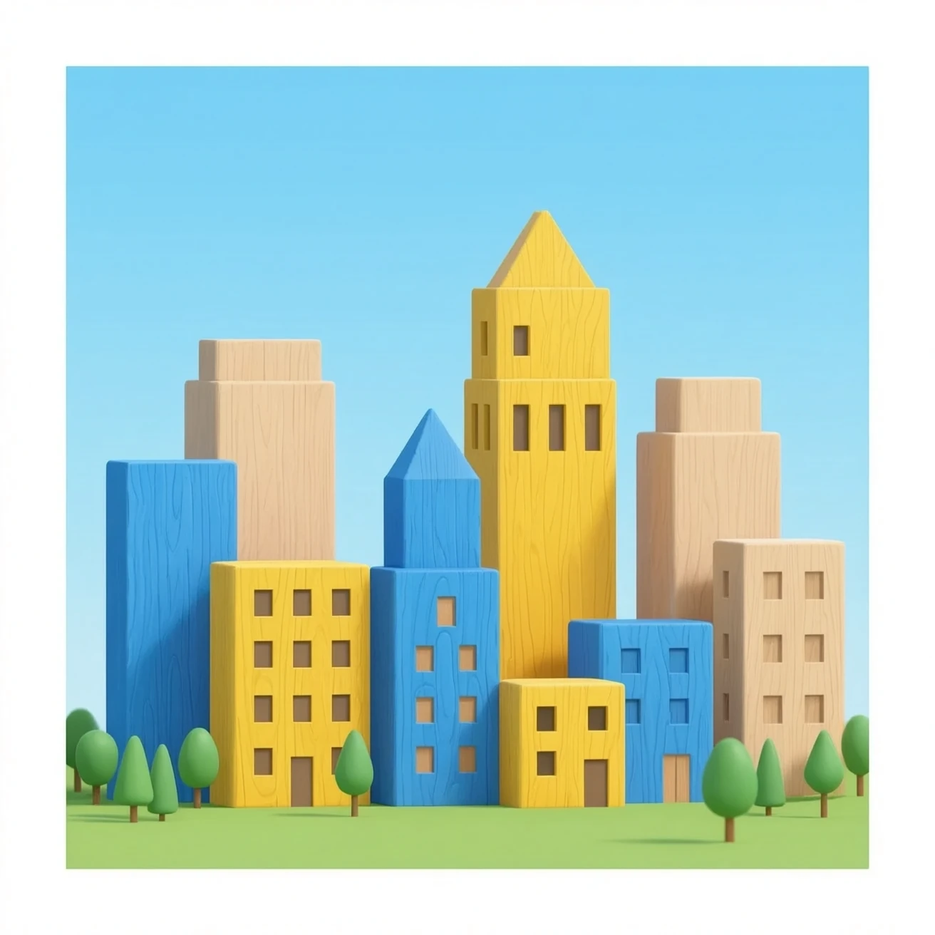 Create a light wooden city skyline toy, alternating with blue wooden buildings, yellow wooden buildings and neutral colored buildings emoji