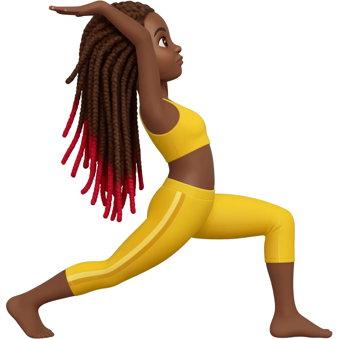 African American girl with long dreadlocks brown with red tips,  In yellow working out clothes in various Pilates emoji