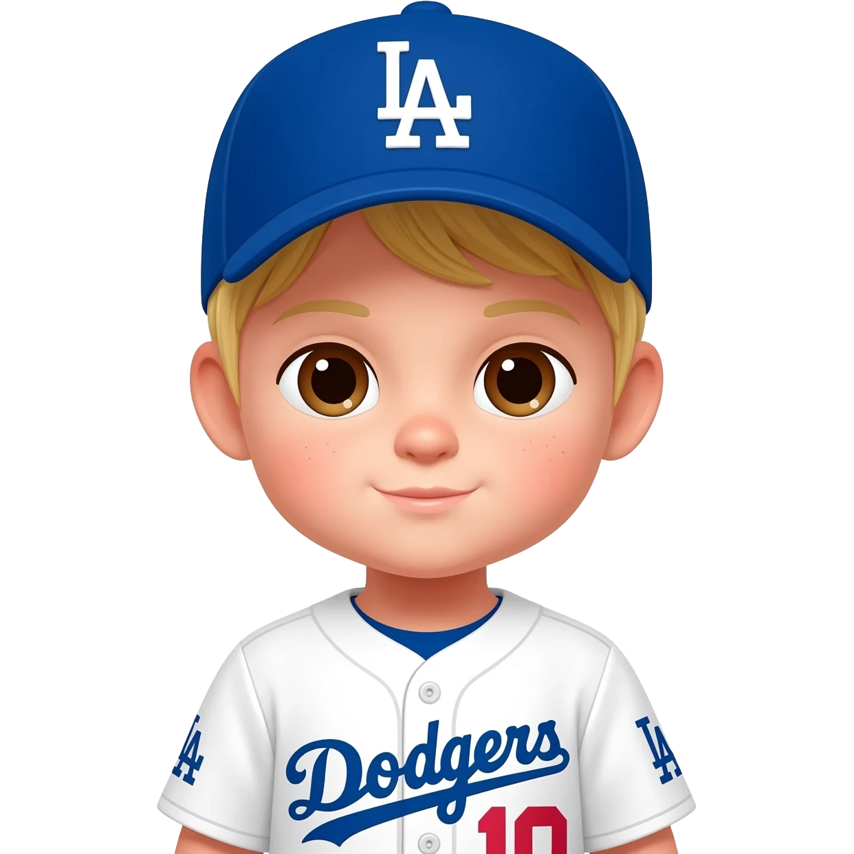 toddler in a dodgers uniform with baseball cap blonde hair brown eyes emoji