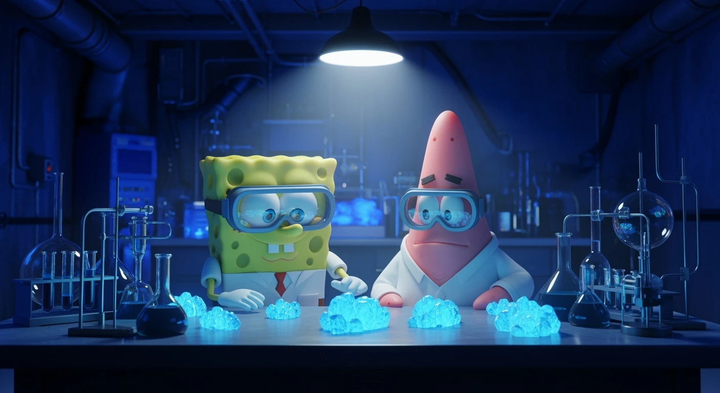 3D cienmatic cartoon shot, spongebob and patric dress in safety glasses and safe white outfit, the are standing front of table with blue crystals on table glowing (light source) science room in basement, back light, Cinema 4d render, proffesional lightning, blue colors emoji