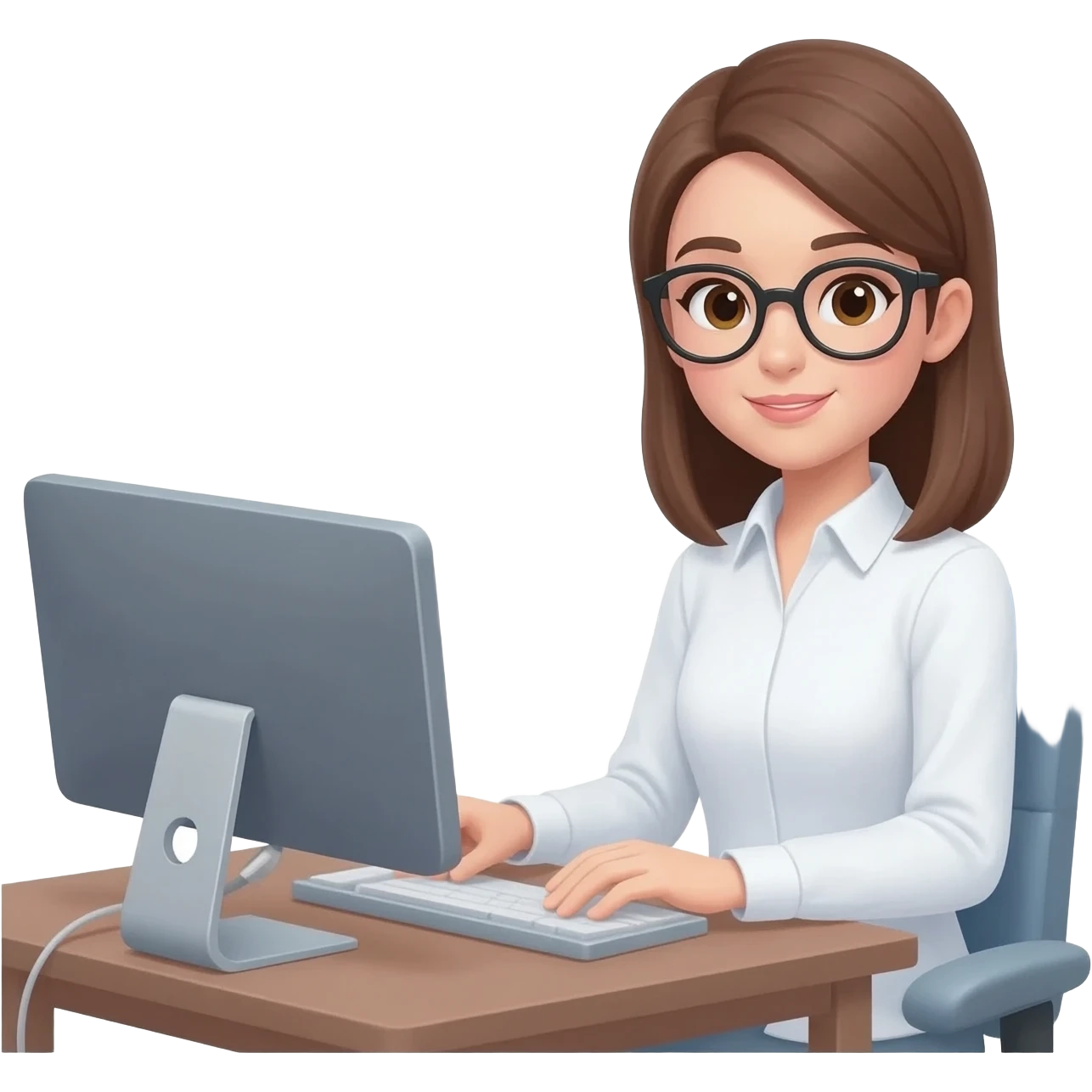 Asistente mujer con camisa manga larga blanca, sin lentes en escritorio con computadora, medio cuerpo emoji