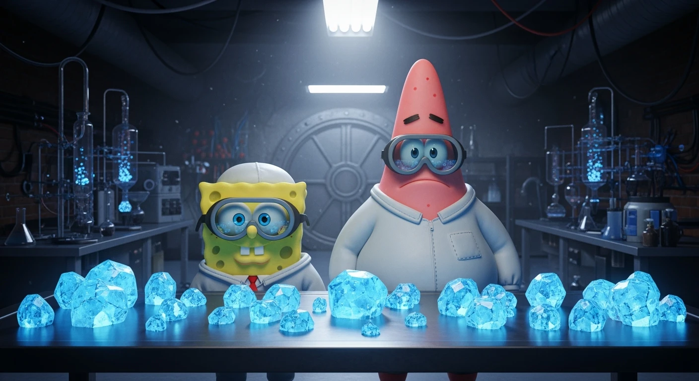 3D cienmatic cartoon shot, spongebob and patric dress in safety glasses and safe white outfit, the are standing front of table with blue crystals on table glowing (light source) science room in basement, back light, Cinema 4d render, proffesional lightning emoji