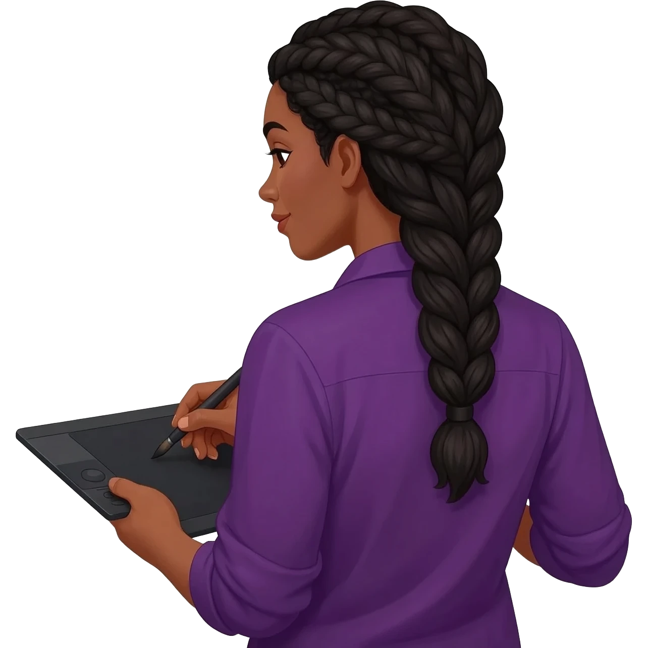 Emoji représentant une femme à la peau marron avec de longues braids noires et portant une belle chemise violette, tenant une tablette graphique dans une main et un pinceau dans l’autre emoji