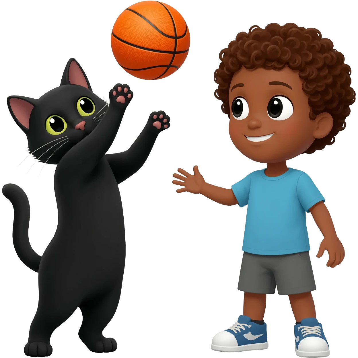 Black cat playing with orange basketball and a little boy with curly hair emoji