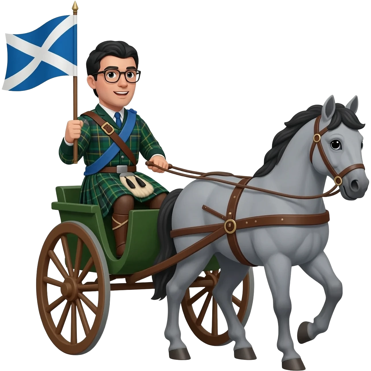 Warrior driving chariot wearing highland dress carrying a Scottish flag, wearing glasses pulled by a grey horse emoji