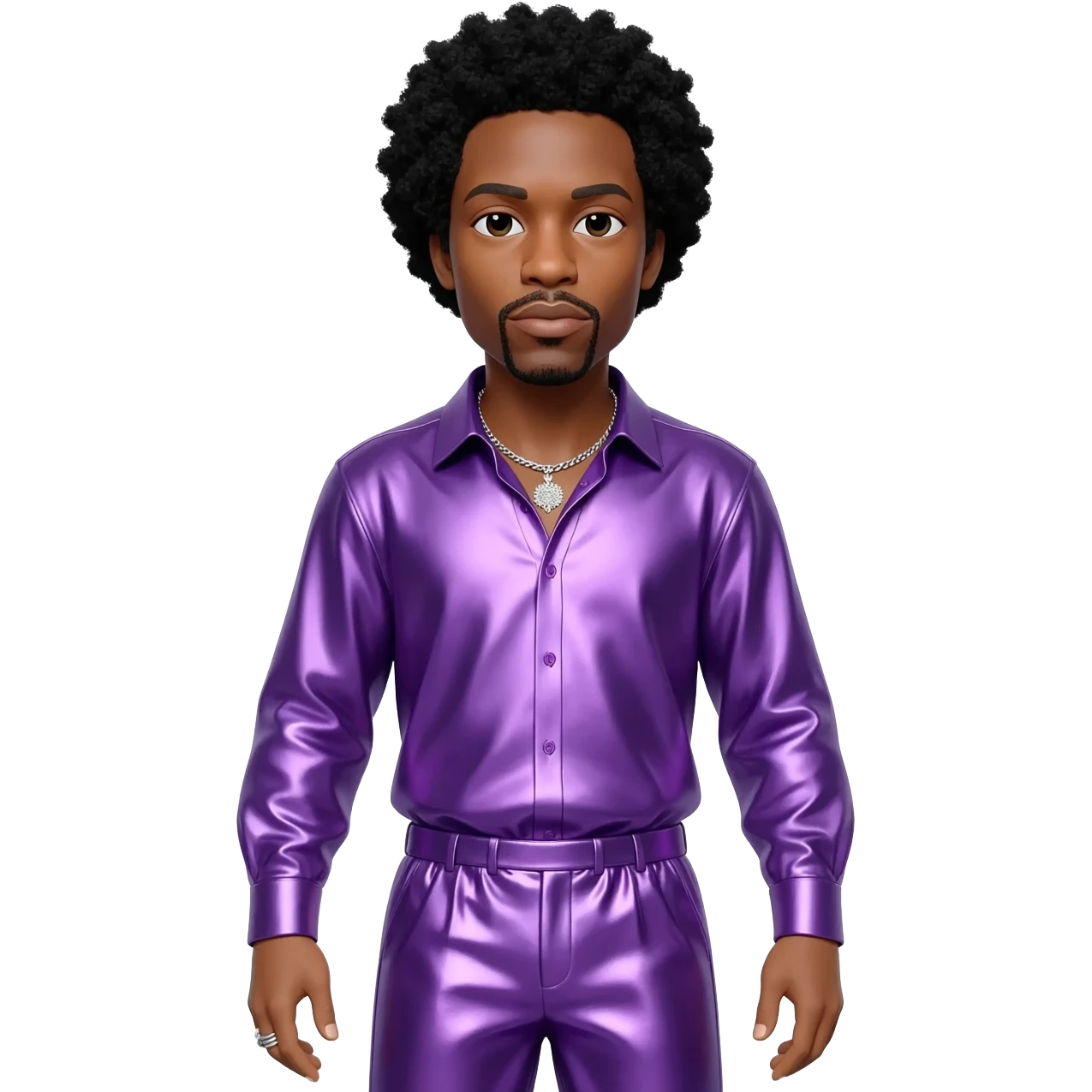 Prince Rogers Nelson with black hair, purple metallic shirt, purple metallic baggy pants, silver necklace emoji