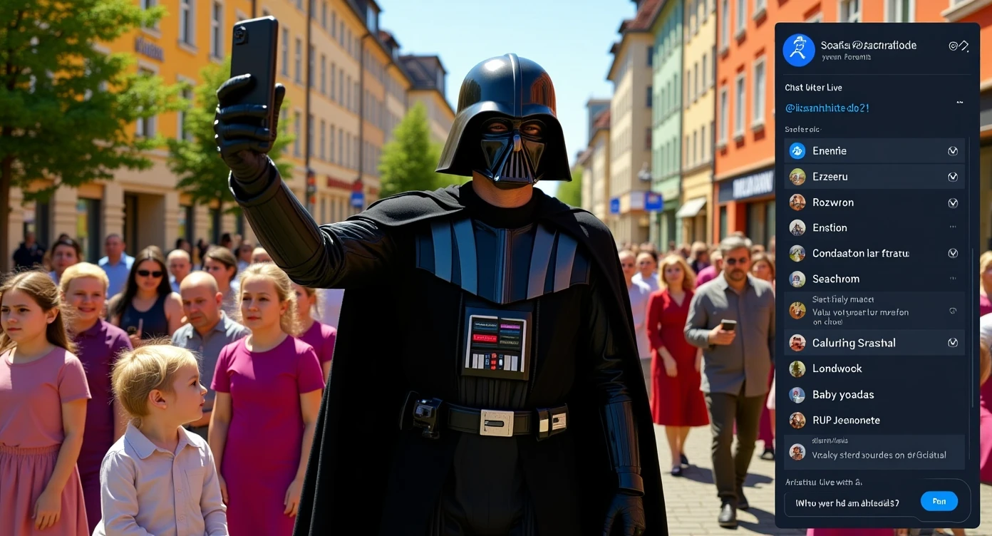 Cinematic still of a darth vader walk through poznan city down town, sunny day, crowd of baby yoadas around him, he is live streaming on twitch, we can see twitch chat ui, selfie camera holding in hand front camera emoji