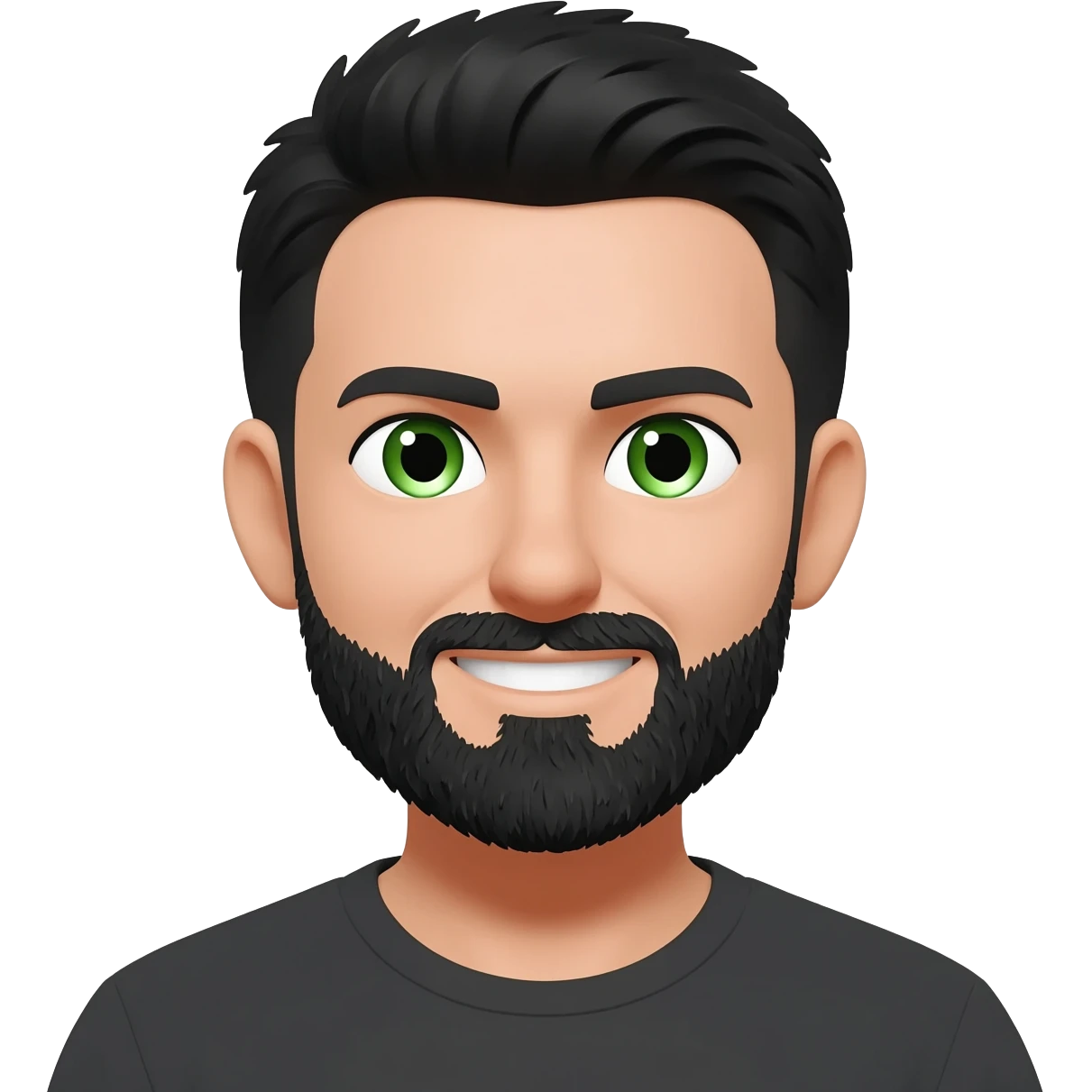 White man with short black hair and black beard with left eyebrow raised with green eyes square jaw  and smiling emoji