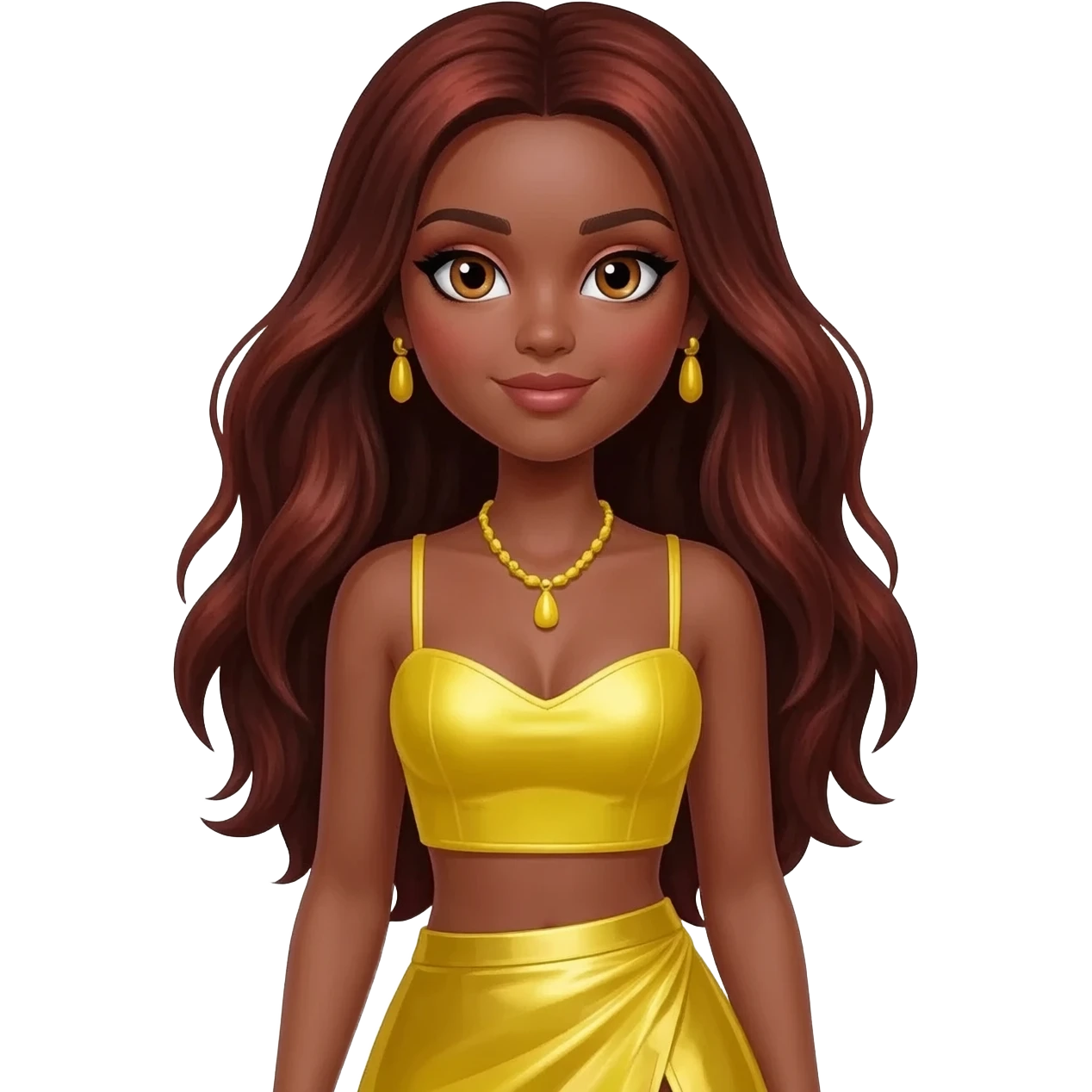 Sasha from Bratz with hazel eyes, long dark auburn hair, yellow metallic sweetheart crop top, yellow metallic assymetrical long skirt, yellow necklace and earrings emoji