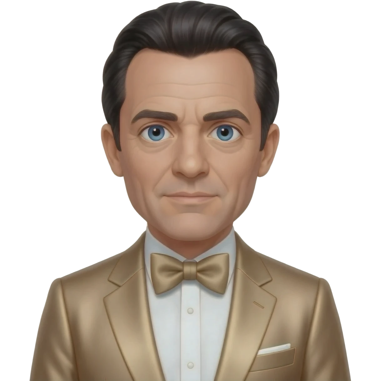 Oliver Reed with blue eyes, black hair, tan metallic suit with bow tie emoji