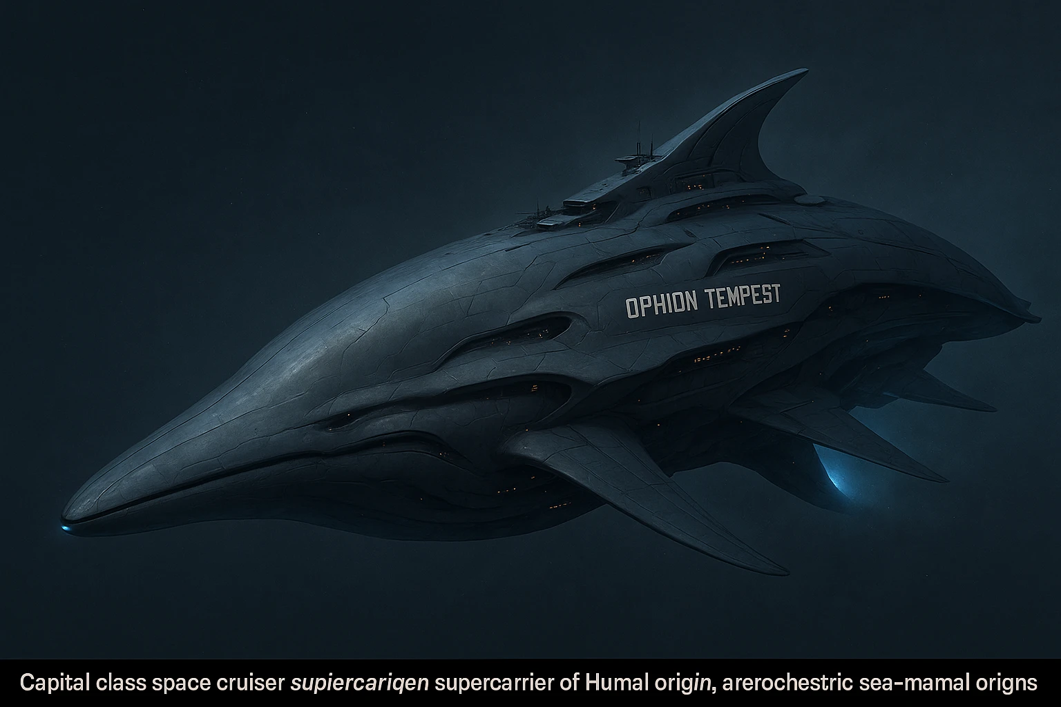 capital class space cruiser supercarrier of Zrian [human] origins, named the "Ophion Tempest"
The ship has a sleek design, mimicking a prehistoric sea-mammal or Cetacea  emoji