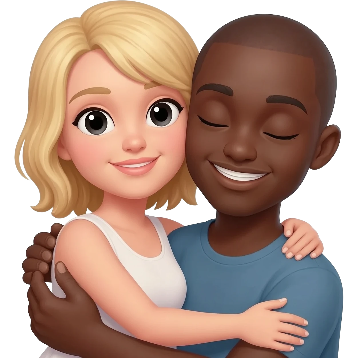 Black man with shaved head hugging blonde woman emoji
