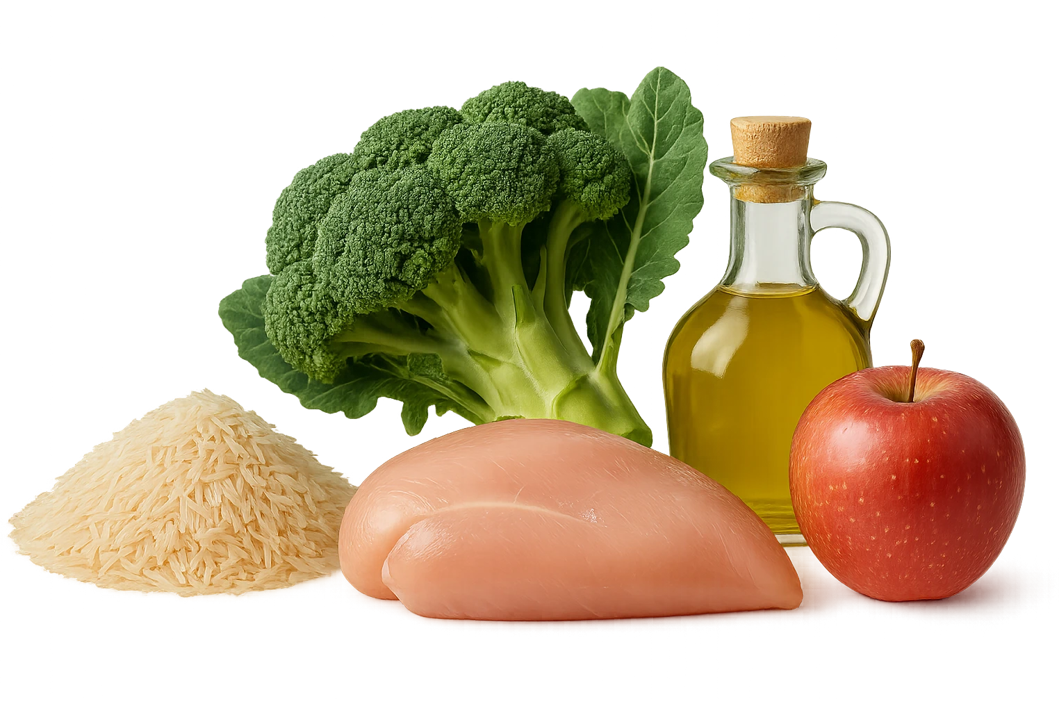 Riso basmati
Petto di pollo
Verdura fibrosa verde
Olio EVO
Mela
vista frontale, iperrealistico 4k emoji