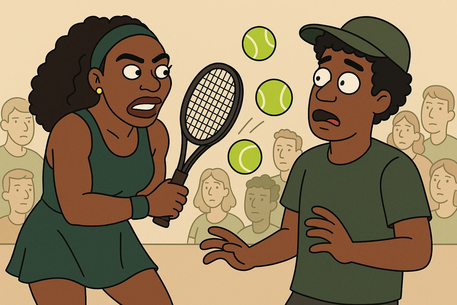 Serena Williams tennis Tennis balls a man black curly hair dark green a hat the people emoji