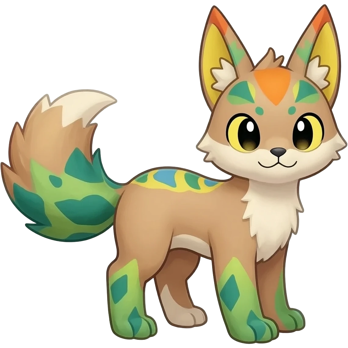 Exotic tropical happy Beautiful pretty cool edgy elegant realistic Feral Rare Fantasy colorful vibrant Vernid-Trico-species-Fakemon-creature by LiLaiRa, random markings, tufted tail, tufted ears, full body emoji