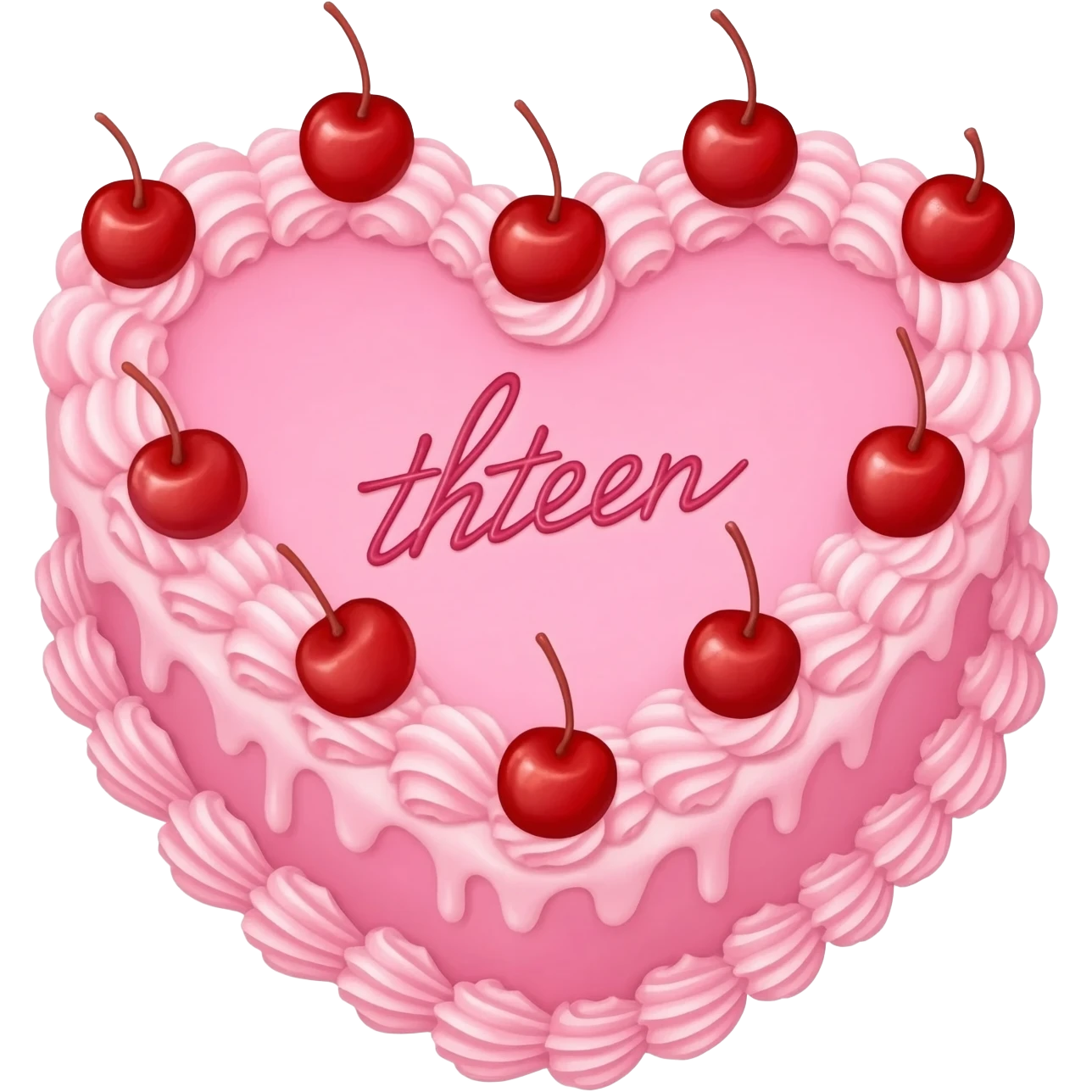 pink vintage heart cake with red cherries on top and thirteen written in cursive in the middle emoji