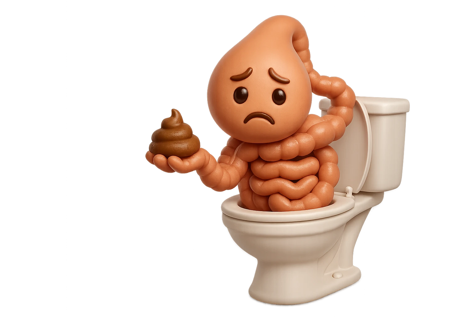 emoji stile iphone di un intestino realistico 3d che esce dal wc con in mano una montagnetta di feci con espressione triste a palline, iperrealistico 4k emoji