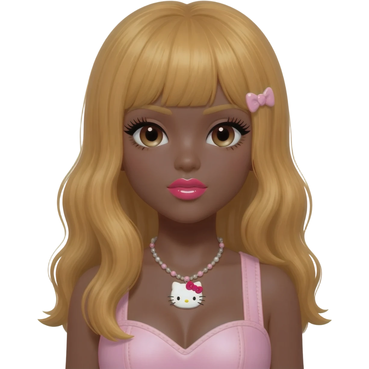 heart shaped lips, cute glossy lips, doll eyes with long lashes, dark brown skin, honey blonde hair, big chest, hello kitty necklace, one bow clip, bimbocore outfit emoji